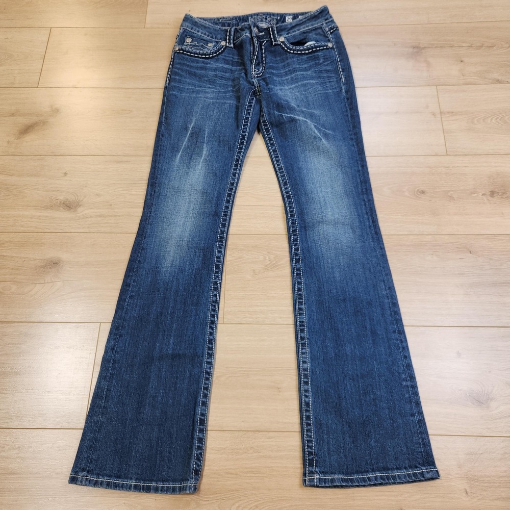 Miss Me Jeans Womens 29 Medium‎ Wash Blue Low Rise Bootcut Rhinestone Denim